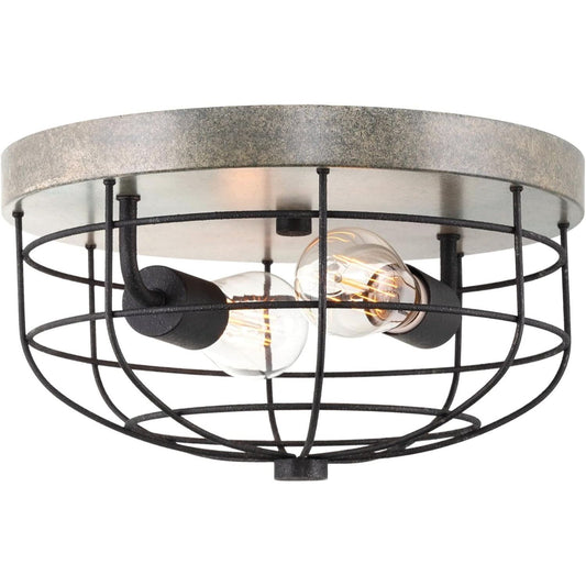 Duncan 13" 2-Light Industrial Farmhouse Metal Flush Mount, Cage Ceiling Light, Slate Iron + Textured Black Finish C/P 1