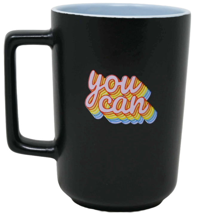 17oz Black Tall Mug with Retro "You Can" on Outside and Blue Inside Contrast C/P 36