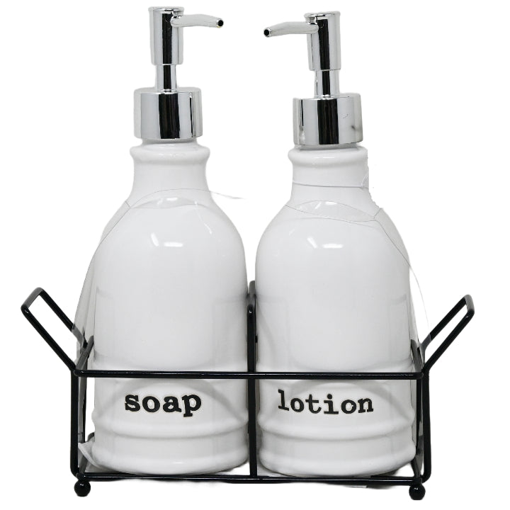 Ceramic Bath Soap and Pump with Metal Base - "Soap" and "Lotion" C/P 12
