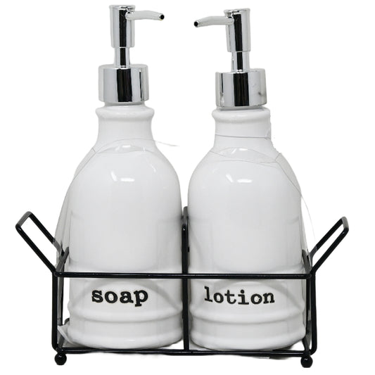 Ceramic Bath Soap and Pump with Metal Base - "Soap" and "Lotion" C/P 12