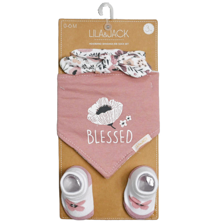 3 Piece Mauve and Floral with "Blessed" Set: Headband, Bandana Bib, and Pairs of Socks C/P 36