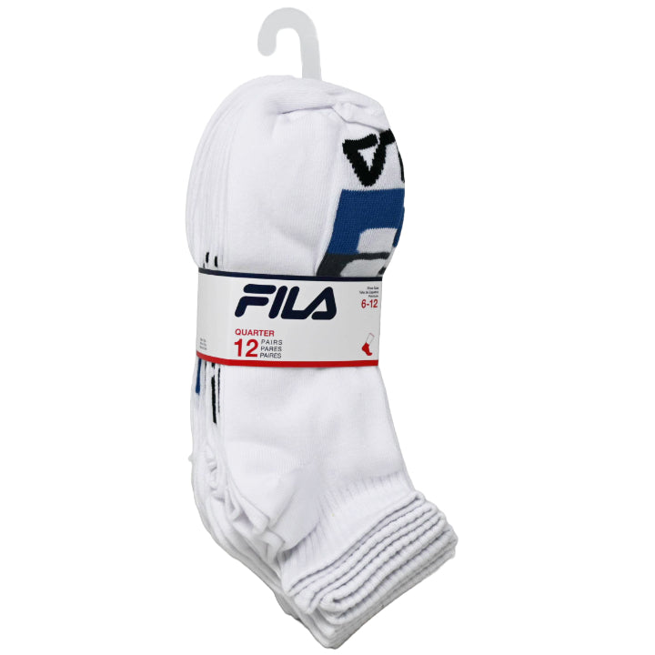 12pk MEN WHITE FILA BLOCKED QTR SOCKS SIZE 10-13 C/P 60