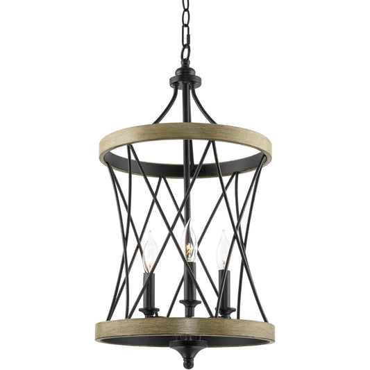 Evie 25" 3-Light Modern Farmhouse Pendant Light, Smoked Birch Wood Style + Black Finish C/P 1