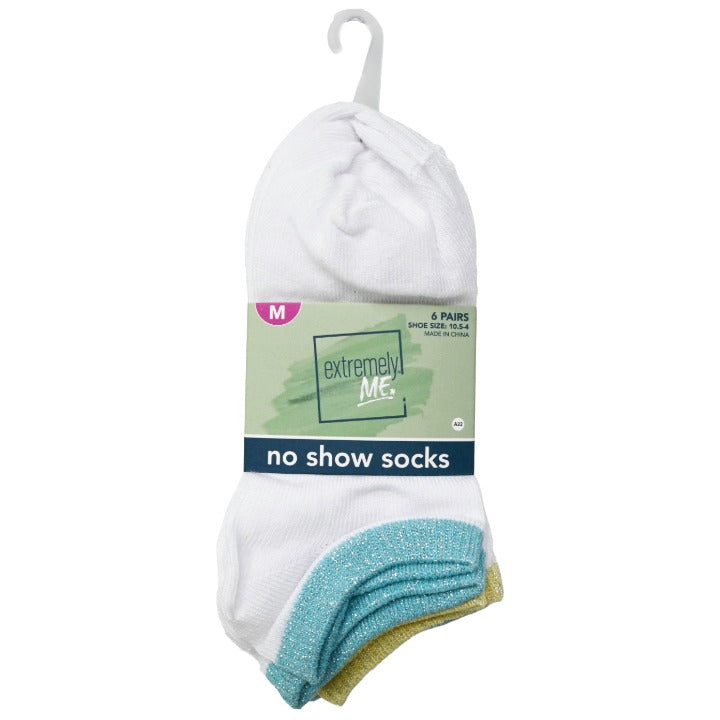6pk Girls Contrast Welt W/Lurex No Show Socks Size 6-8,  Asst Colors C/P 60