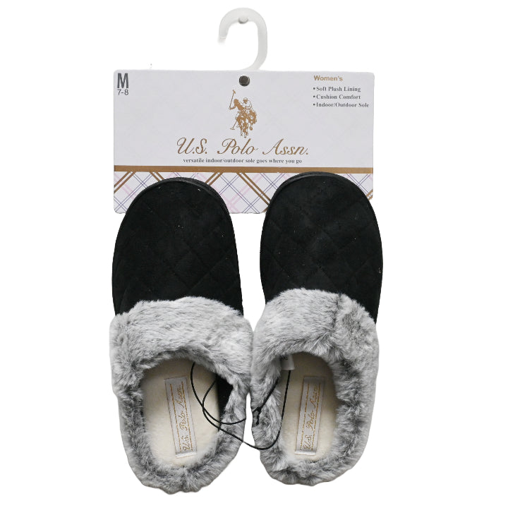 U.S. POLO ASSN. LADIES BLACK SLIPPERS WITH FUR C/P 24