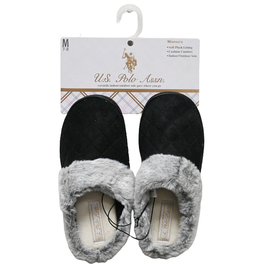 U.S. POLO ASSN. LADIES BLACK SLIPPERS WITH FUR C/P 24