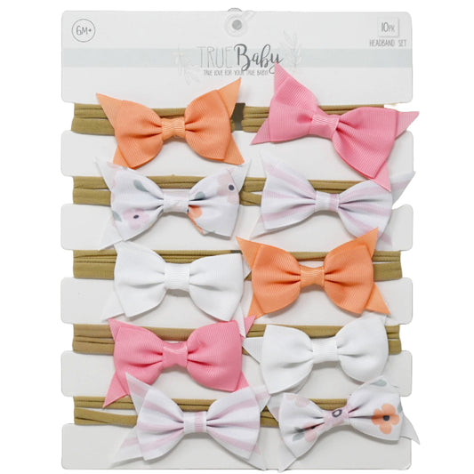 10pc Pink White Orange Floral Print Grosgrain Bow Headbands C/P 48