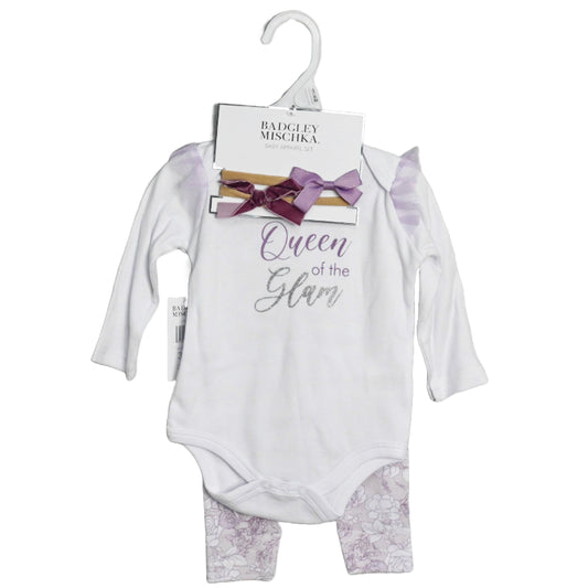 4PC White "Queen Of The Glam" Onesie & Mauve Floral Pants & Bow Headbands 3-12M Badgley Mischka C/P 48