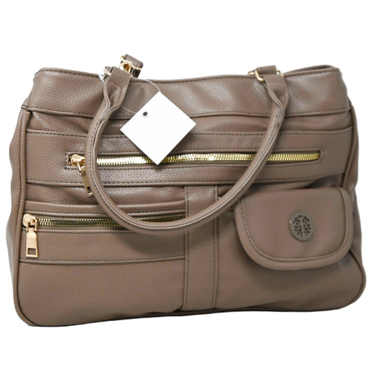 TAUPE MULTI COMPART. BAG wTOP ZIPPER CLOSURES & FRONT ZIPPER C/P 12