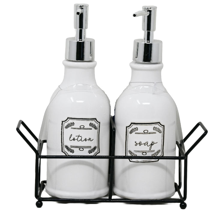 Ceramic Bath Soap and Pump with Metal Base - "Soap" and "Lotion" in Design C/P 12