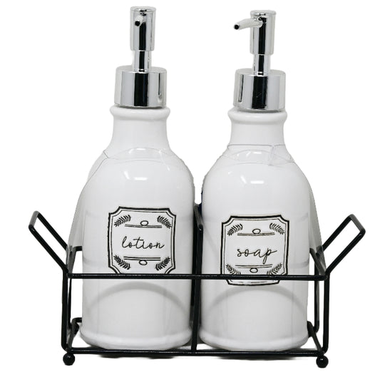 Ceramic Bath Soap and Pump with Metal Base - "Soap" and "Lotion" in Design C/P 12