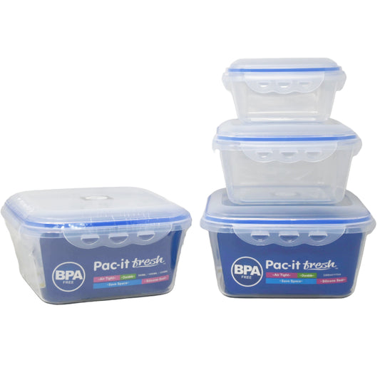3pc SQR. PLASTIC FOOD STORAGE CONTAINER SET PAC-IT FRESH C/P 24