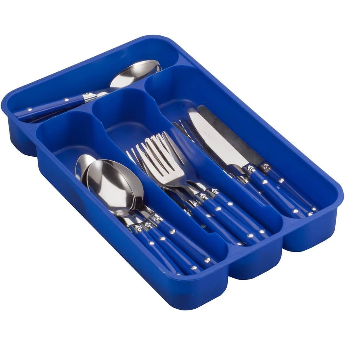 24pc GH CASUAL LIVING S.S FLATWARE SET W/BLUE PLASTIC HANDLE & PVC TRAY C/P 6