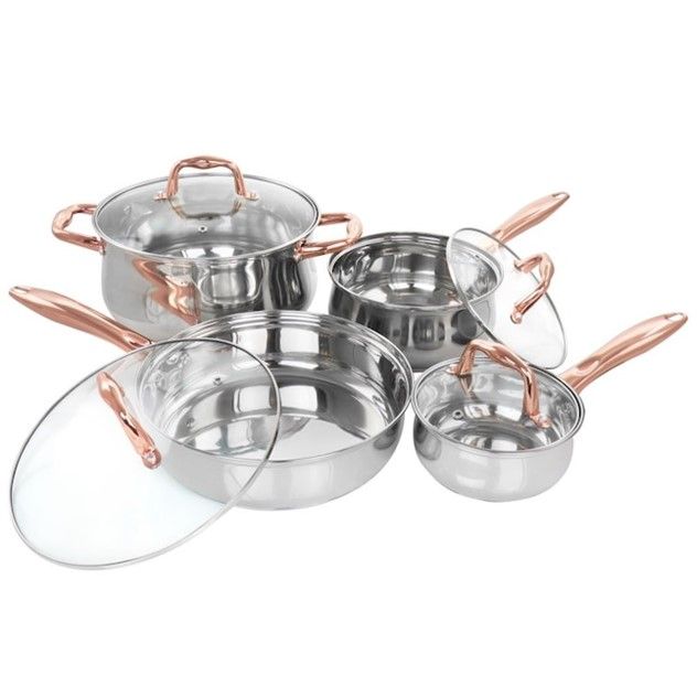 8pc GH BRANSONVILLE S.STEEL MIRROR FINISH COOKWARE SET W/COPPER PLATED S.S. HANDLE C/P 2
