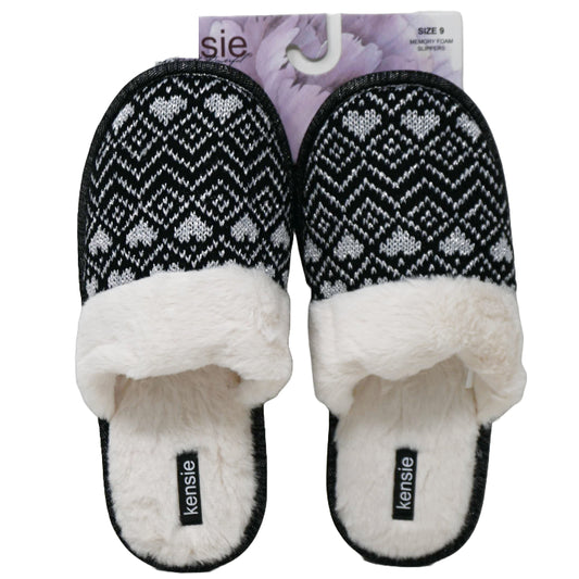 S-XL WOMEN BLK FAIR ISLE KNIT SLIPPER W/FAUX COLLAR KENSIE C/P 18
