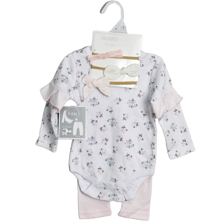 Pink/Floral Long Sleeve Bodysuit with Ruffles, Pants, and 3PK Headband Baby Apparel Set Shabby Chic C/P 48