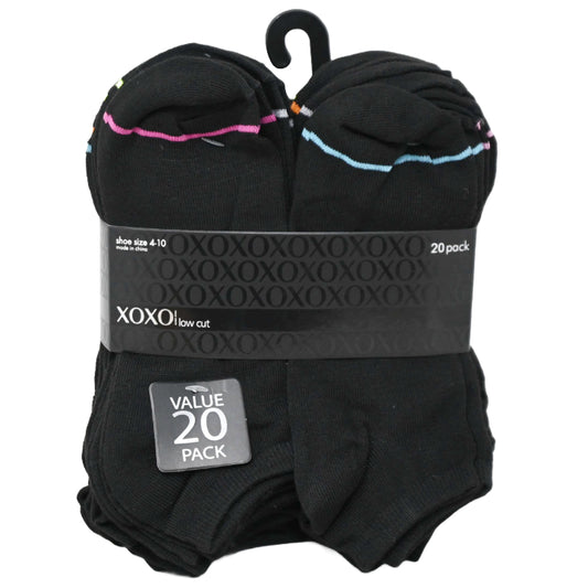 20pk LADIES BLK XOXO LOW CUT NC SOCKS SIZE 4-10 C/P 48