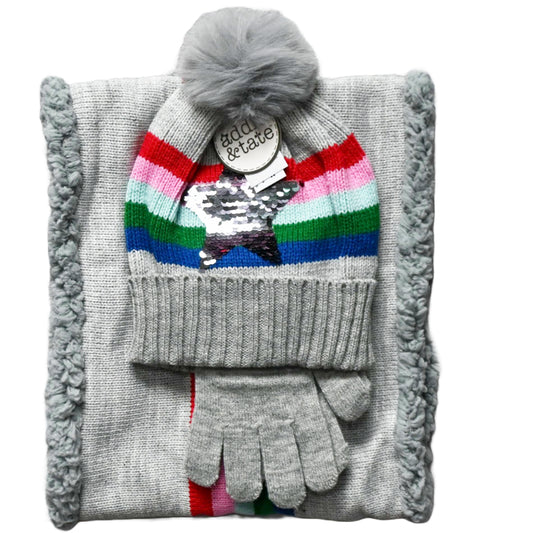 3pc CUFF HAT W/SEQUIN & FAUX FUR POM HAT/GLOVE/NECK WARMER SET C/P 48