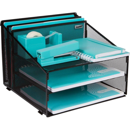 Black Office Desk Organizer Metal Mesh with 3 Paper Trays and 2 Vertical Upright Sections C/P 8
