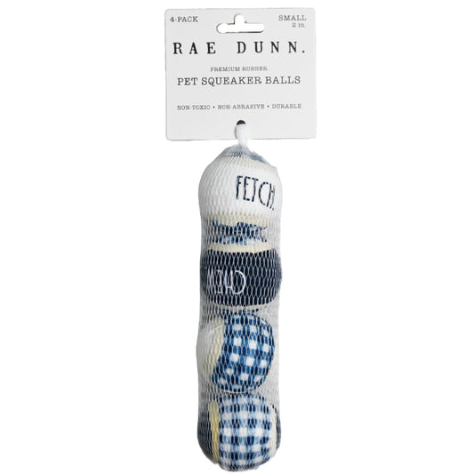 4pk 2" NAVY BUFFALO PLAID SQUEAKER TENNIS BALL PET TOY RAE DUNN C/P 48