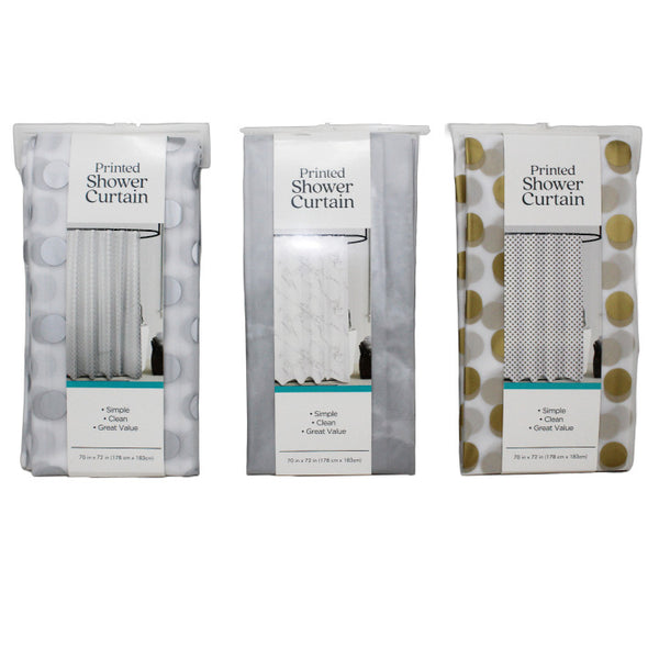 70" X 72" Peva Printed Shower Curtain, 3 asst colors, Vendor #FPY15962 C/P 48