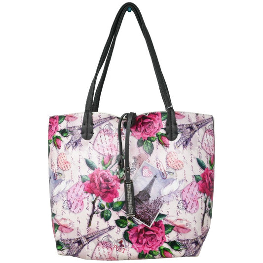 2pc Reversible Tote and Crossbody Bag Rose Print Gray PU C/P 22