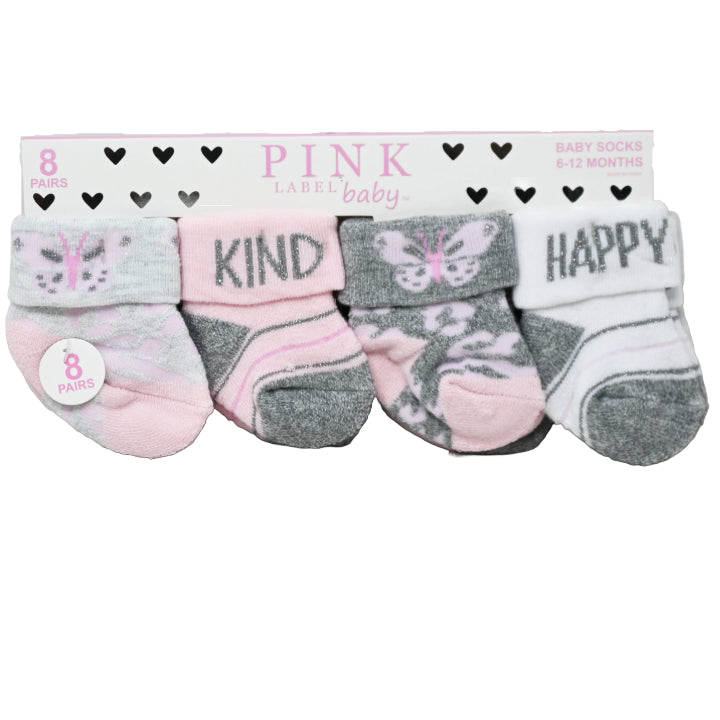 8pk INFANT GIRLS PINK TURNCUFF TERRY SOCKS ASST SIZE C/P 60
