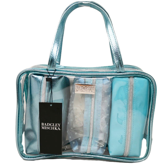 4pc CLEAR/TEAL PVC, METALLIC AND PATENT PU, DOTTED LACE POUCH NESTED ORGANIZER COSMETIC BAG SET BADGLEY MISCHKA C/P 20