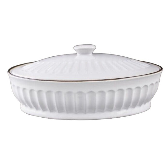 13.5" WHITE OVAL CASSEROLE W/LID C/P 6