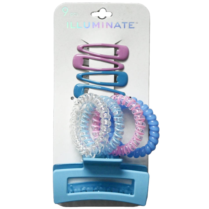 ILLUMINATE 9PC SET 4PC BARRETTES 4PC COIL 1 CLAW CLIP GREY C/P 144