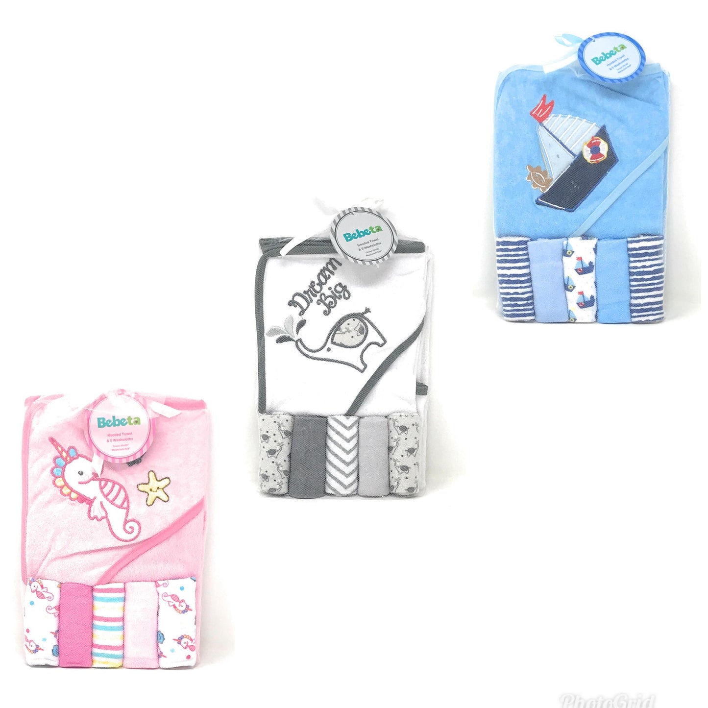 BABY HOODED TOWEL WITH 5PCS WASHCLOTHS, 3 ASST STYLES C/P 12
