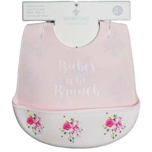 2 Pack Silicone Bib Set - Pink with White "Babes who Brunch" and White Floral C/P 60