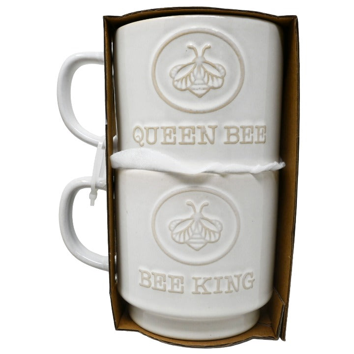 2pk CERAMIC STACKABLE MUG SET W/QUEEN BEE-BEE KING PRINT C/P 12