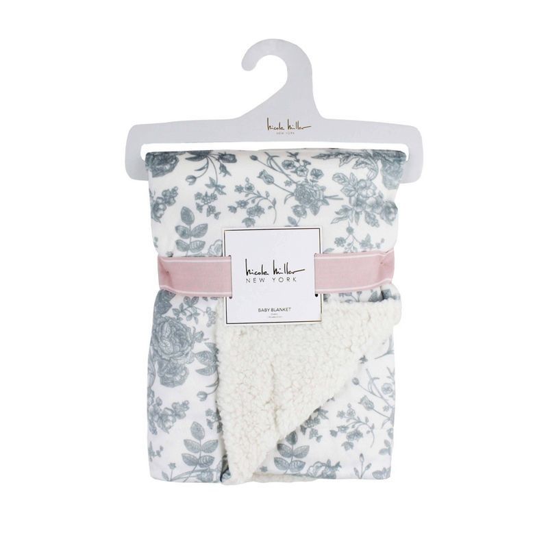 Nicole Miller Grey and White Floral Printed Mink/Sherpa Throw Nicole Miller C/P 30