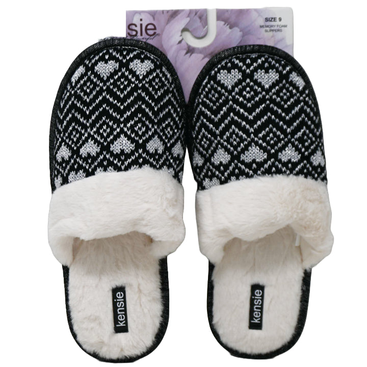 S-XL WOMEN BLK FAIR ISLE KNIT SLIPPER W/FAUX COLLAR KENSIE C/P 18
