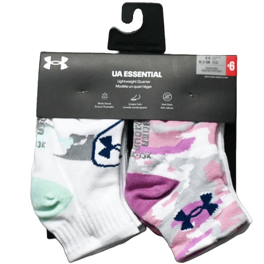 6pk GIRLS CAMO HEART ESSENTIALS QTR SOCKS SIZE 4-6 C/P 36