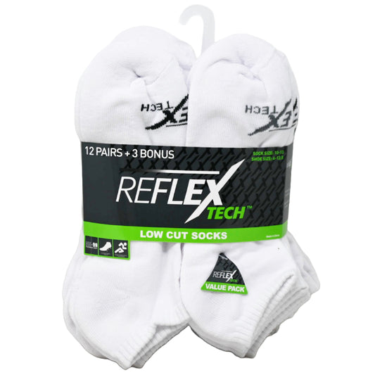 15pk REFLEX WHITE MEN CUSHION LOW-CUT SOCKS SIZE 10-13 C/P 36