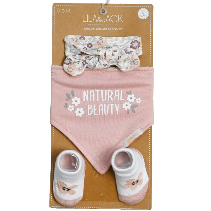3 Piece Pink and Floral with "Natural Beauty" Set: Headband, Bandana Bib and Pair of Socks C/P 36