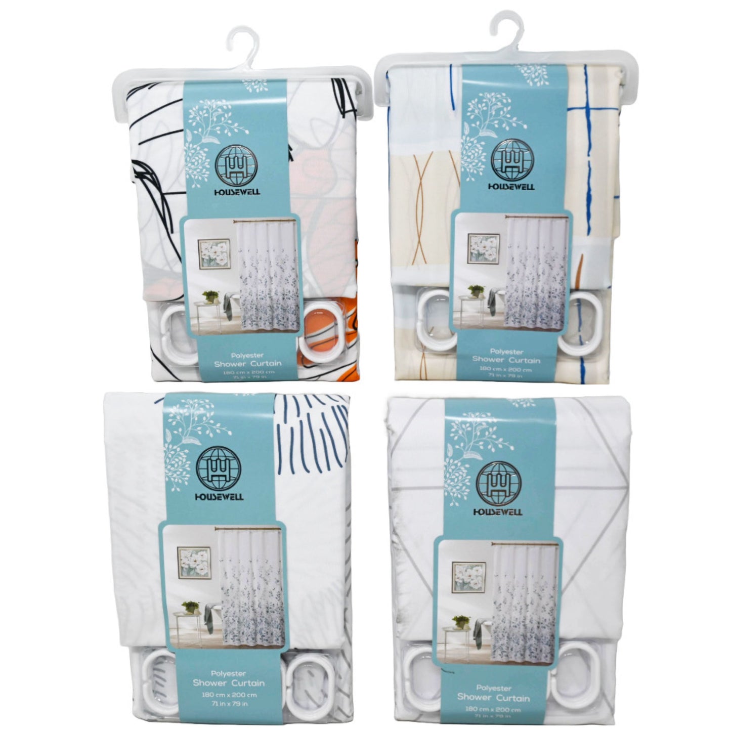 71x79" PRINTED POLYESTER SHOWER CURTAINS WITH HOOKS ASST C/P 48