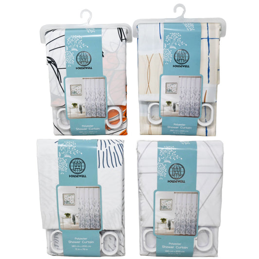71x79" PRINTED POLYESTER SHOWER CURTAINS WITH HOOKS ASST C/P 48