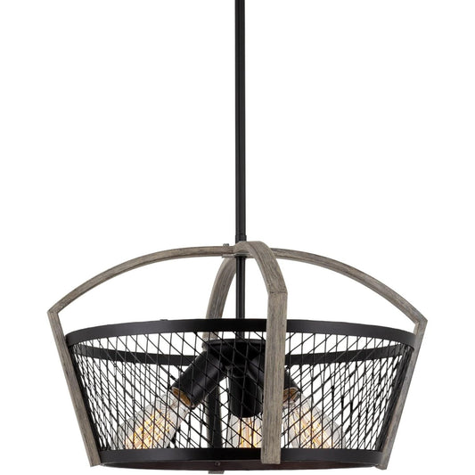 Ember 18" 3-Light Farmhouse Pendant Chandelier + Wire Drum Cage Shade, Aged Oak Wood Style + Black Finish C/P 1