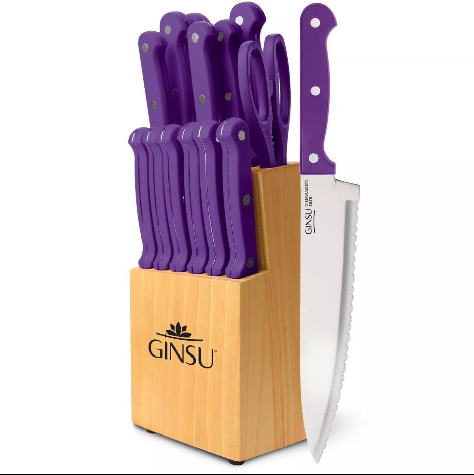 GINSU Kiso 14pc Purple Knife Set in a Natural Block C/P 1
