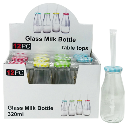 MILK BOTTLE , 350ML CLEAR W STRAW IN DI C/P 24