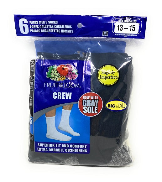 6pk Mens 13-15 FOL Black Crew Socks IR-Black with grey toe and heal C/P 30