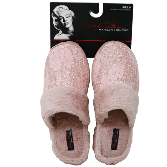 S-XL WOMEN BLUSH LACE & GLITTER SLIPPER W/FAUX FUR COLLAR MARILYN MONROE C/P 18