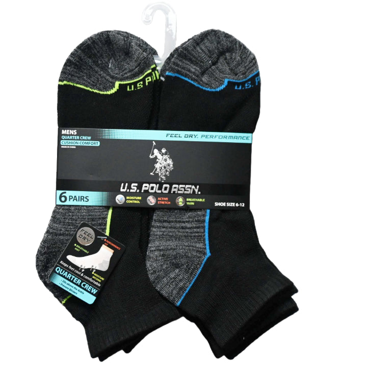 6pk US POLO ASSN MEN'S BLACK QUARTER CUSHION SOCKS SIZE 6-12 C/P 48