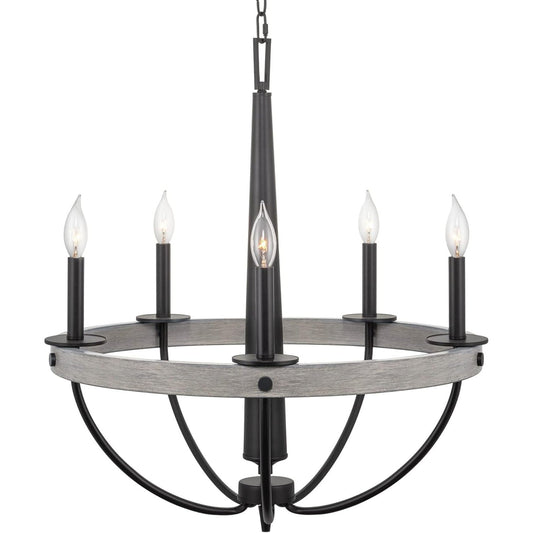 Madison 27" 5-Light Modern French Country Farmhouse Chandelier, Round Inverted Empire Design, Gray Oak Wood Style + Black Finish C/P 1