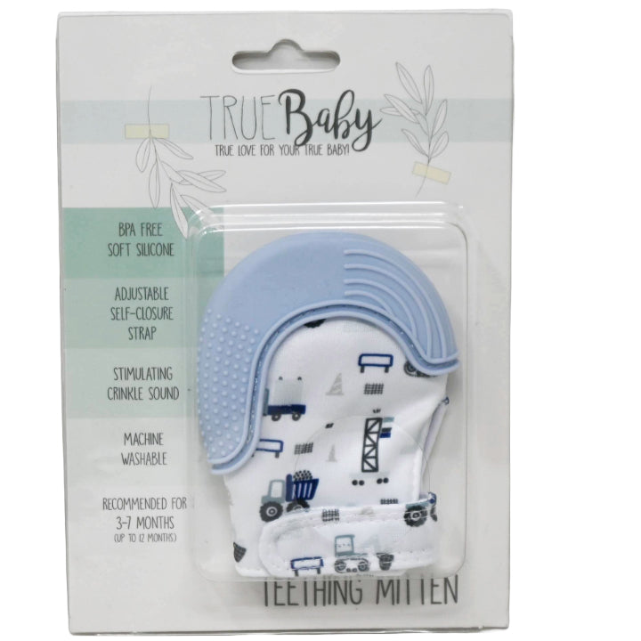 1pc Polyester Mitten wSilicone Teether -Trucks Print & Light Blue C/P 96