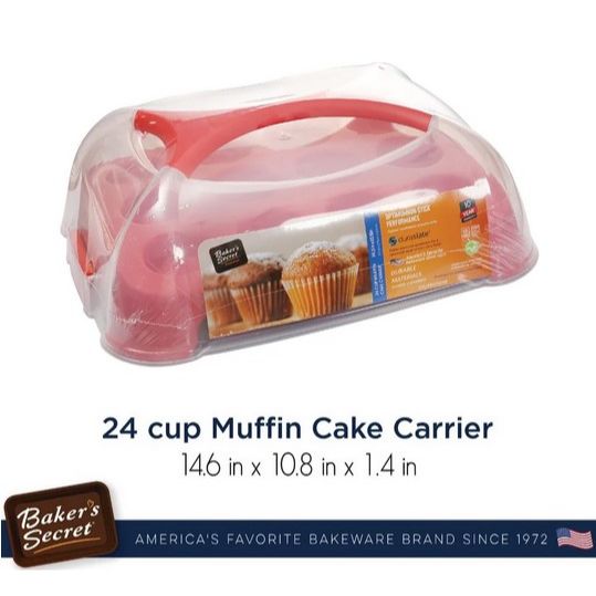 Baker's Secret Essential Line 24 cup muffin cake carrier, pan-37x27.5x3.5cm, lid-13cmH C/P 4
