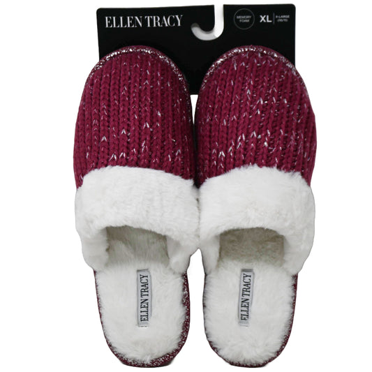 S-XL WOMEN WINE CHUNKY SHIMMER KNIT SLIPPER W/FAUX FUR COLLAR ELLEN TRACY C/P 18